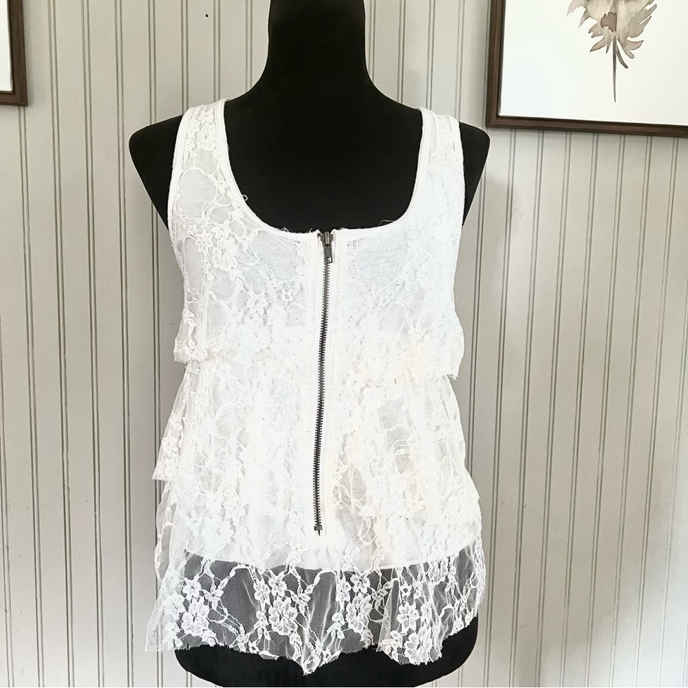 Anthropologie Pins & Needles White Lace Mesh Tiered Zipper Front Babydoll Tank
